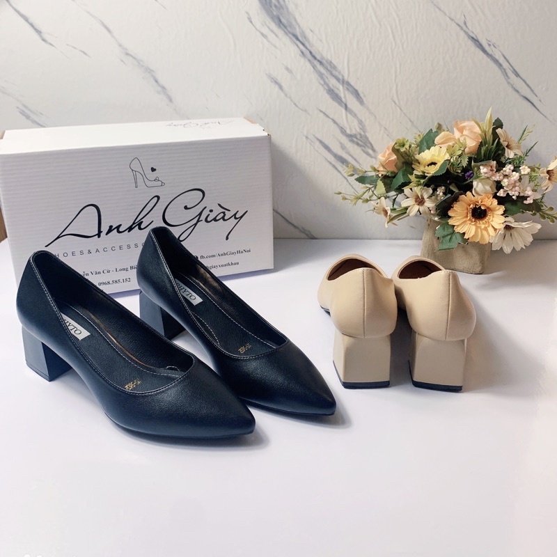 Giày cao gót mũi nhọn da lì trơn thời trang công sở gót vuông 5cm hàng VNXK Chất liệu da micorfiber bền nhẹ êm