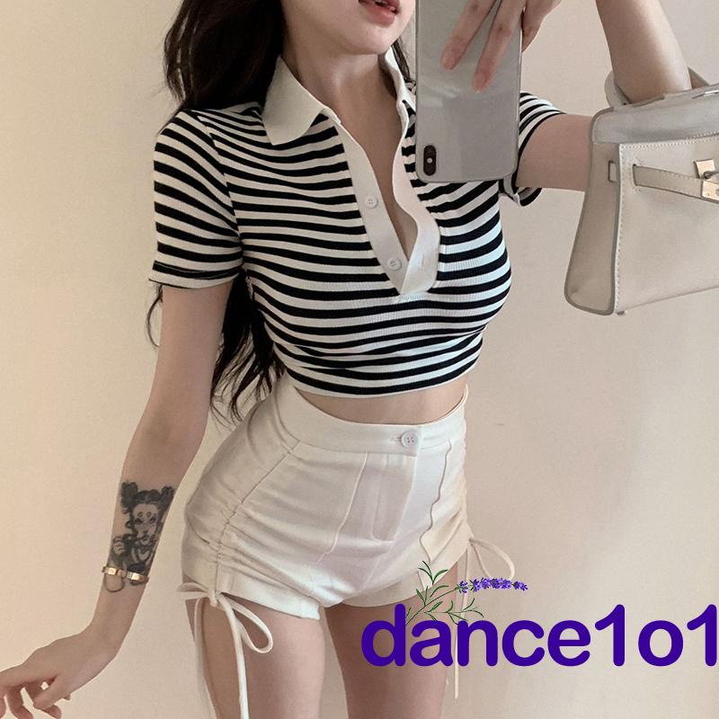 dance1o1-Women’s Fashion Stripe Print Button Lapel Exposed Navel Tops