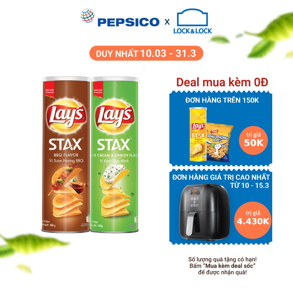 Combo 2 Bánh snack khoai tây miếng Lay's Stax Mix vị 160g: Kem chua hành và Sườn nướng BBQ