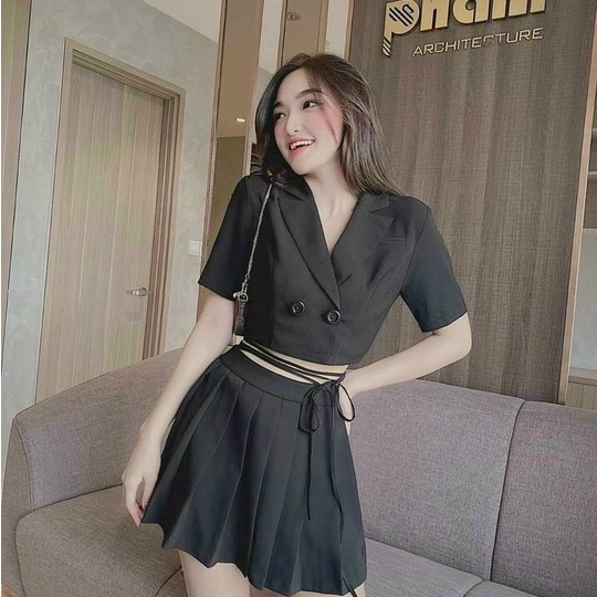 Chân váy tennis xòe dập ly và áo vest tay ngắn cài nút thật trẻ trung cá tính thời trang nữ ARAVA