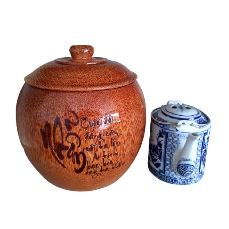 Bộ Bình Trà Gỗ Dừa Không Chân Gọn Đẹp Hoa Văn "Chữ Nhẫn"; "Chữ Hiếu" - Bình Trà 700 - 1200ml
