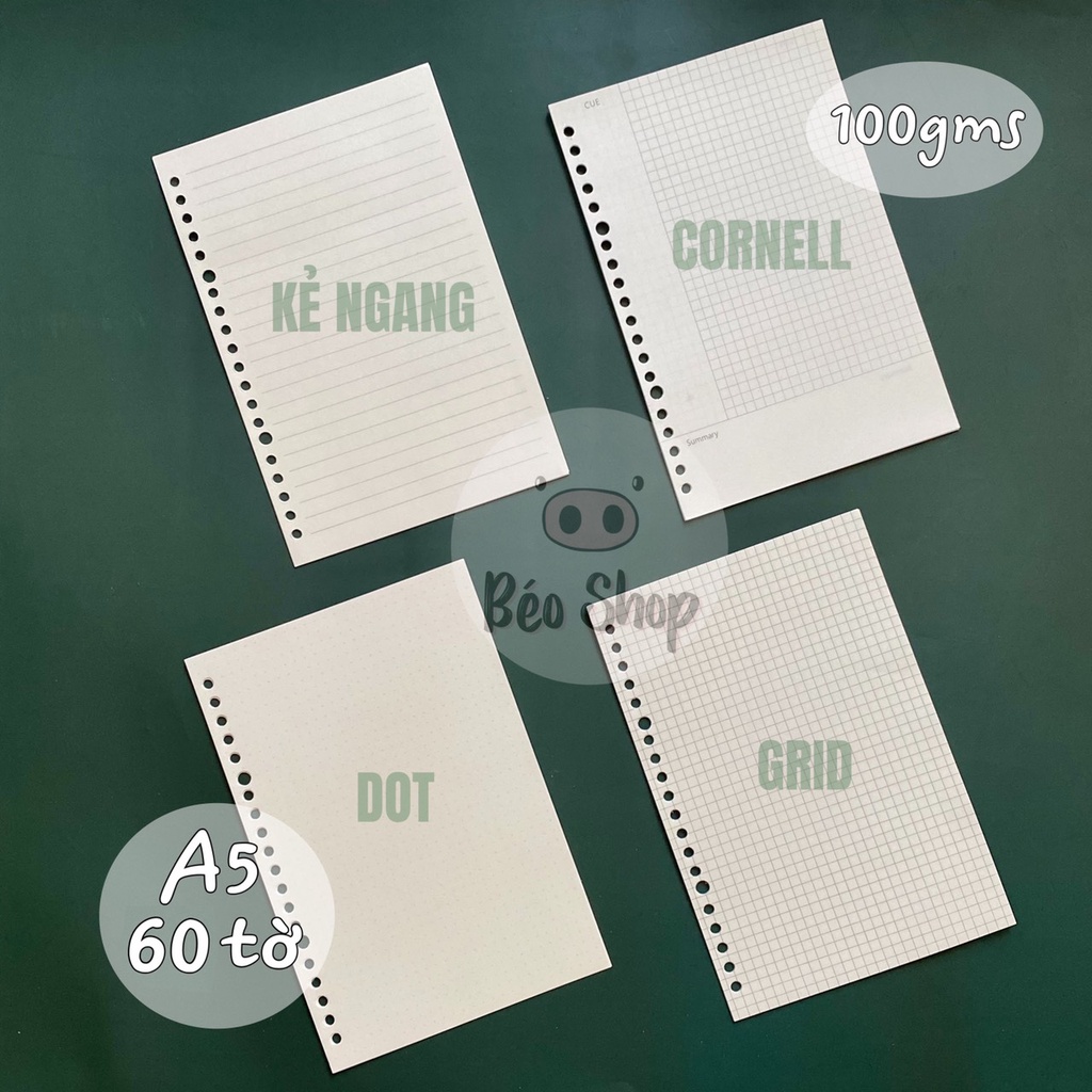 Ruột sổ còng A5 20 lỗ Béo shop , giấy refill A5 60 tờ binder thanh còng nhựa làm sổ planner bullet journal