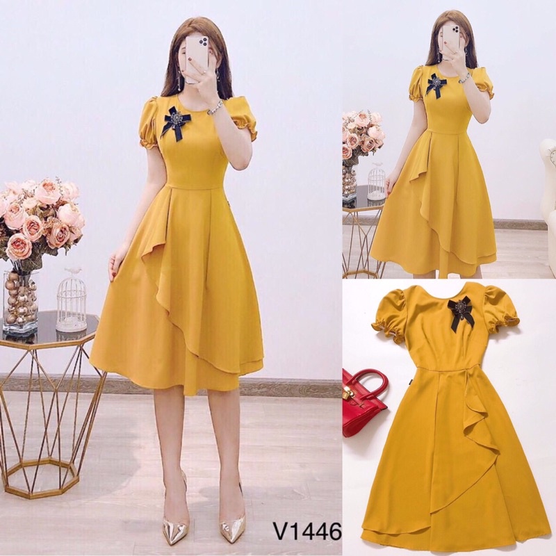 Đầm xoè kèm tag cài hoa/nơ M/L/XL/2XL⚡️Đầm công sở / dự tiệc
