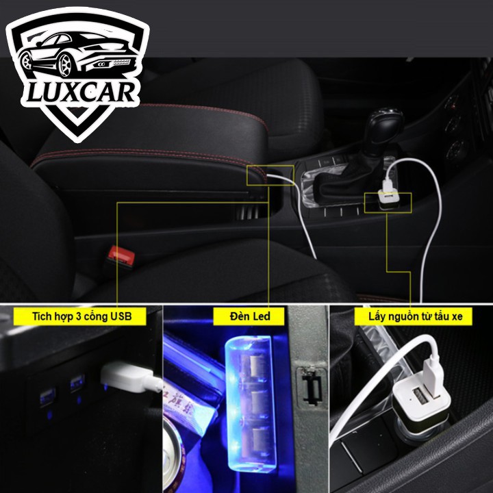 Hộp tỳ tay xe XPANDER mẫu bệt tích hợp 3 cổng sạc USB LUXCAR cao cấp - Bảo hành 12 tháng