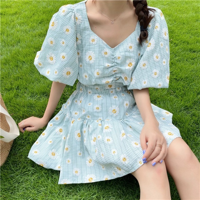 Set đồ áo croptop tay bồng + chân váy xòe Ulzzang dễ thương ♡🌼