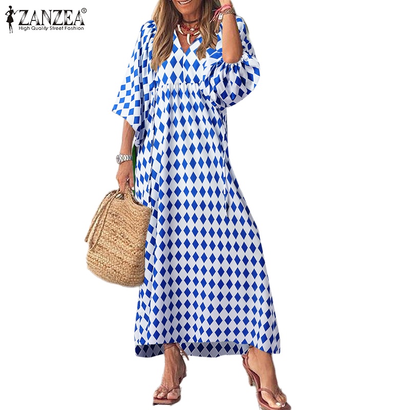 Đầm ZANZEA cổ tròn tay 3/4 họa tiết hình thoi phong cách Châu Âu cho nữ
