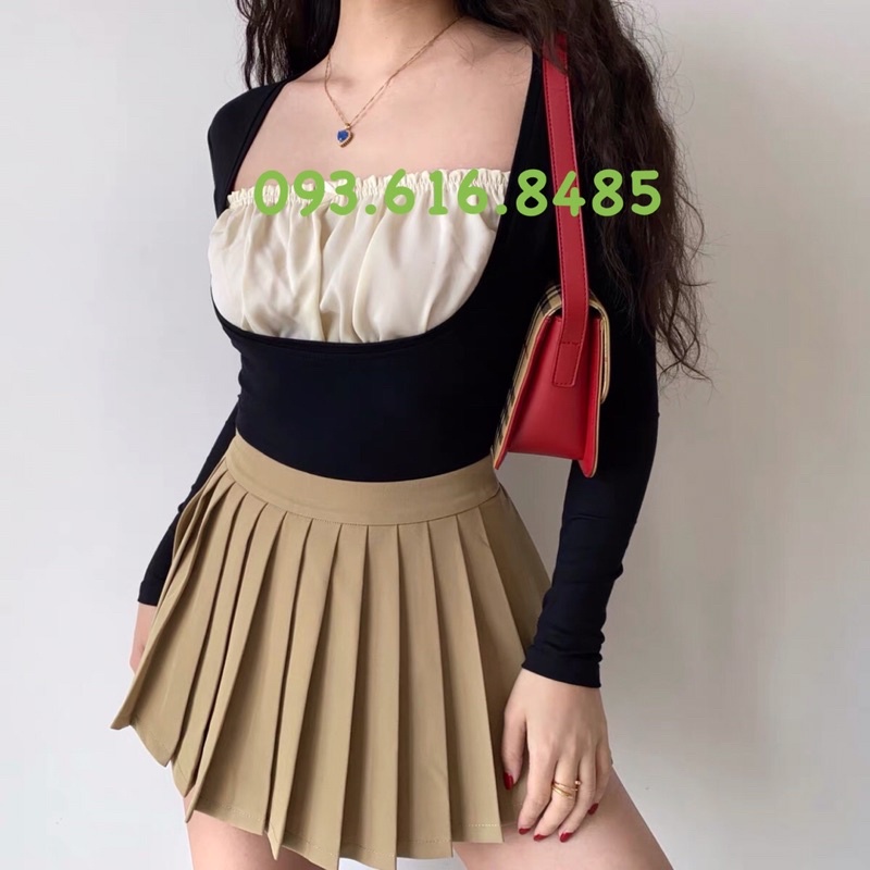 Áo kiểu tay dài cổ vuông thu đông chất cotton phối viền A1011