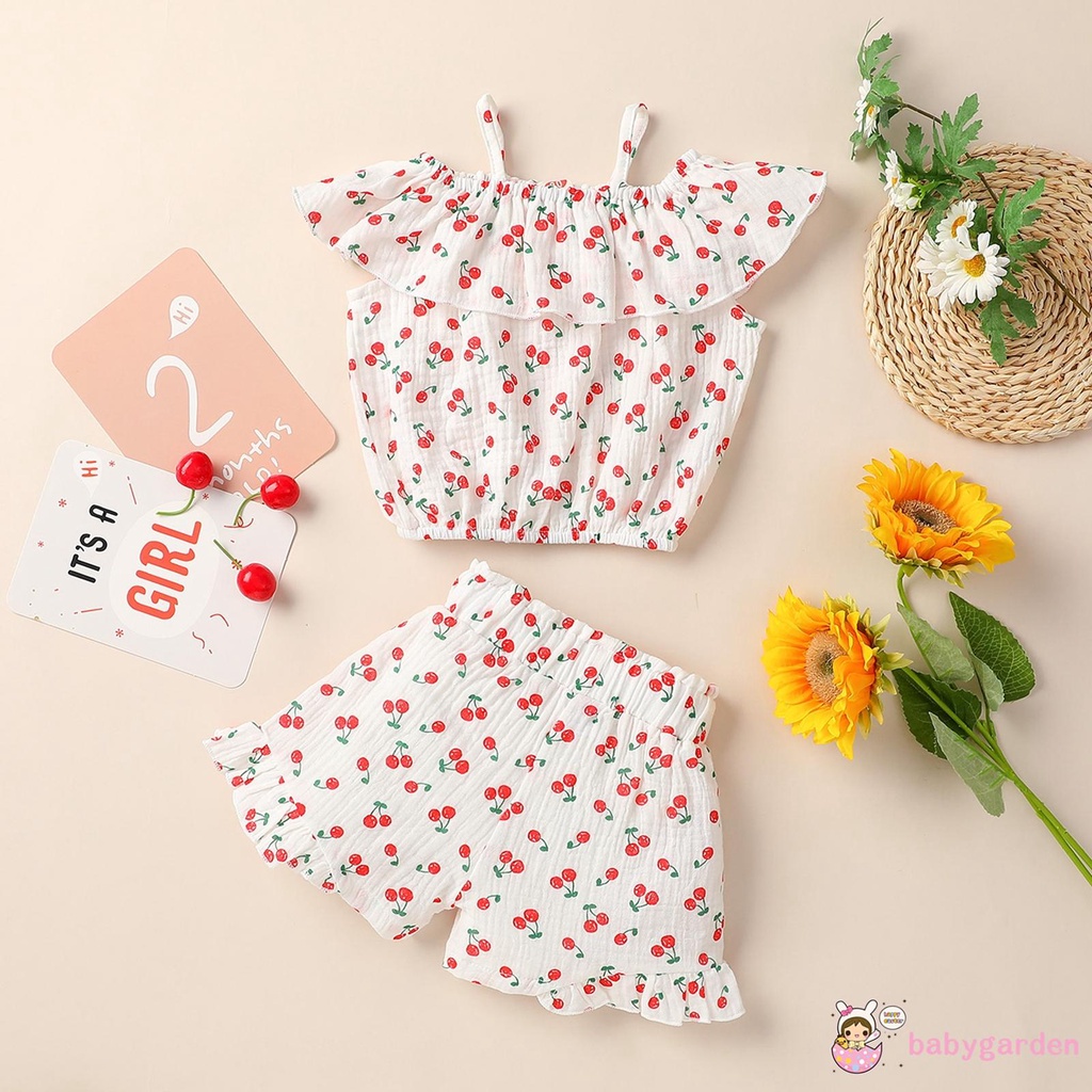Bộ Áo Trễ Vai Không Tay In Hình Quả Cherry + Quần Short Trắng / Xanh Dương / Hồng Dành Cho Bé Gái 1-5 Tuổi