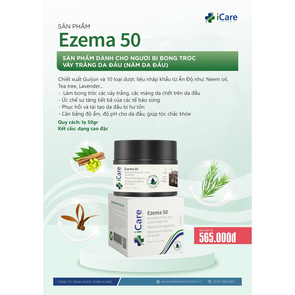 Dược Liệu Nấm Da Đầu Ezema 50 - Chiết Xuất Từ Gurjun Ấn Độ - Thương Hiệu iCare Pharma