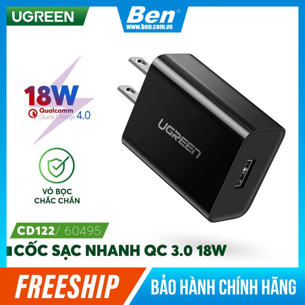 Sạc nhanh 1 cổng USB-A UGREEN CD122 - Hỗ trợ Qualcomm Quick Charge 3.0 công suất 18W