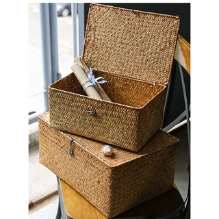 Giỏ mây có nắp đậy tiện lợi đựng đồ, giỏ đi picnic, hộp mây đựng đồ decor nhà cửa