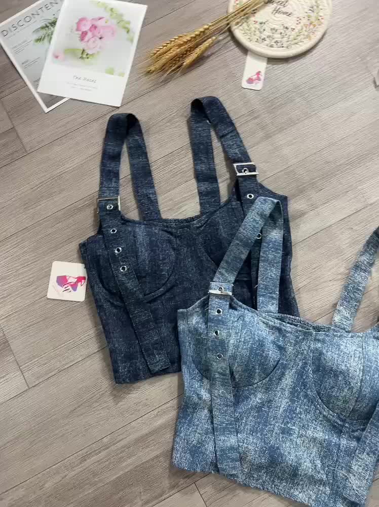 Áo jean cúp ngực 2 dây có mút, áo croptop jean loang body tôn dáng G344 | BigBuy360 - bigbuy360.vn