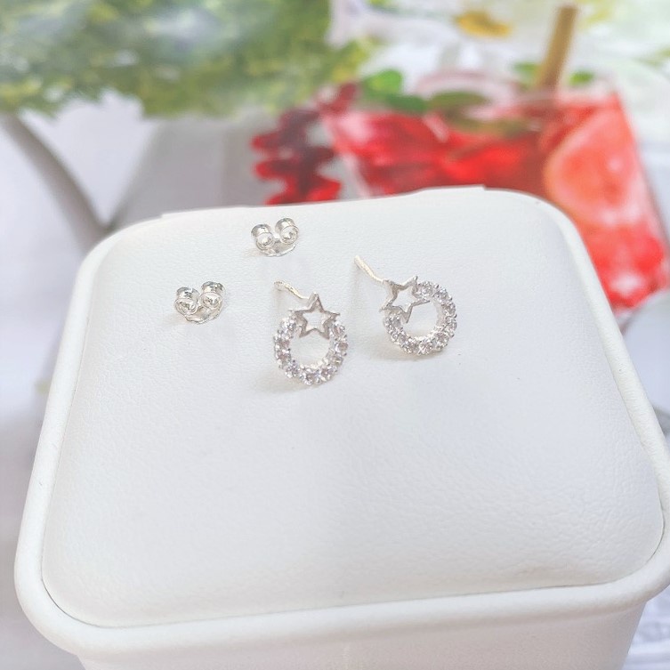 Bông tai bạc nữ hình tròn đính ngôi sao, Khuyên tai bạc ta sang trọng nữ tính