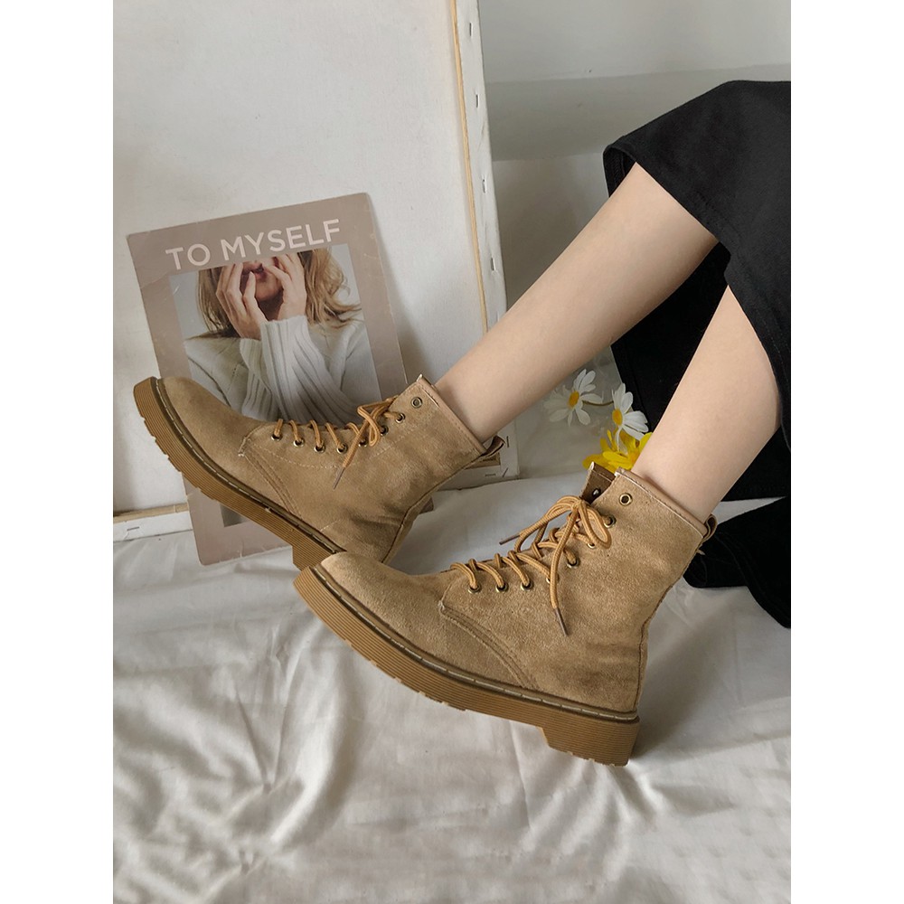 Giày boots Martin nữ cổ cao kiểu Anh da lộn đế bệt style retro cá tính năng động mùa thu đông