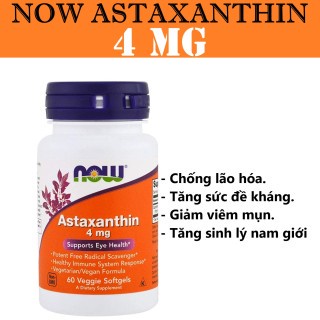 ASTAXANXIN viên chống oxy hoá Trẻ hoá cơ thể chống lão hoá NOW Astaxanthin 4mg 90 Viên Từ Mỹ
