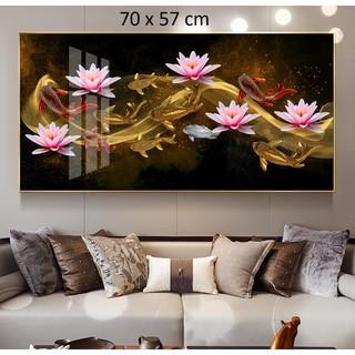 Tranh treo tường tài lộc hoa sen cá chép cửu ngư phong thủy chất liệu bóng kiếng laminate canvas chinca070720 KT 70 x 57