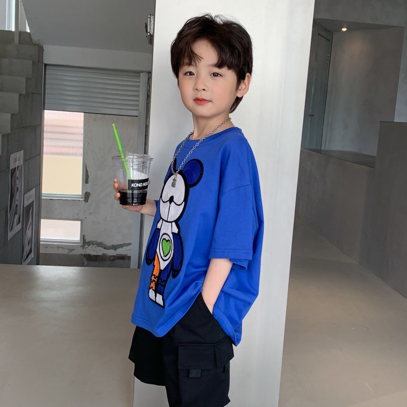 Áo Thun Cotton Ngắn Tay In Hình Gấu Máy Móc Thời Trang Mùa Hè Mới Cho Bé Trai