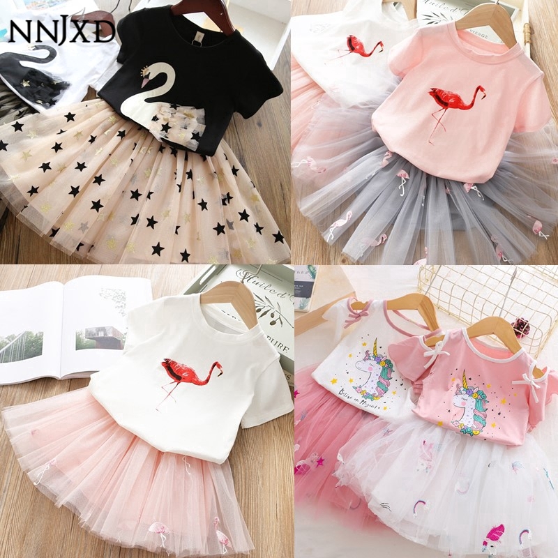 NNJXD Bộ Trang Phục 2 Món Gồm Áo Thun Cotton &amp; Chân Váy Tuyn In Hình Kỳ Lân Cho Bé Gái