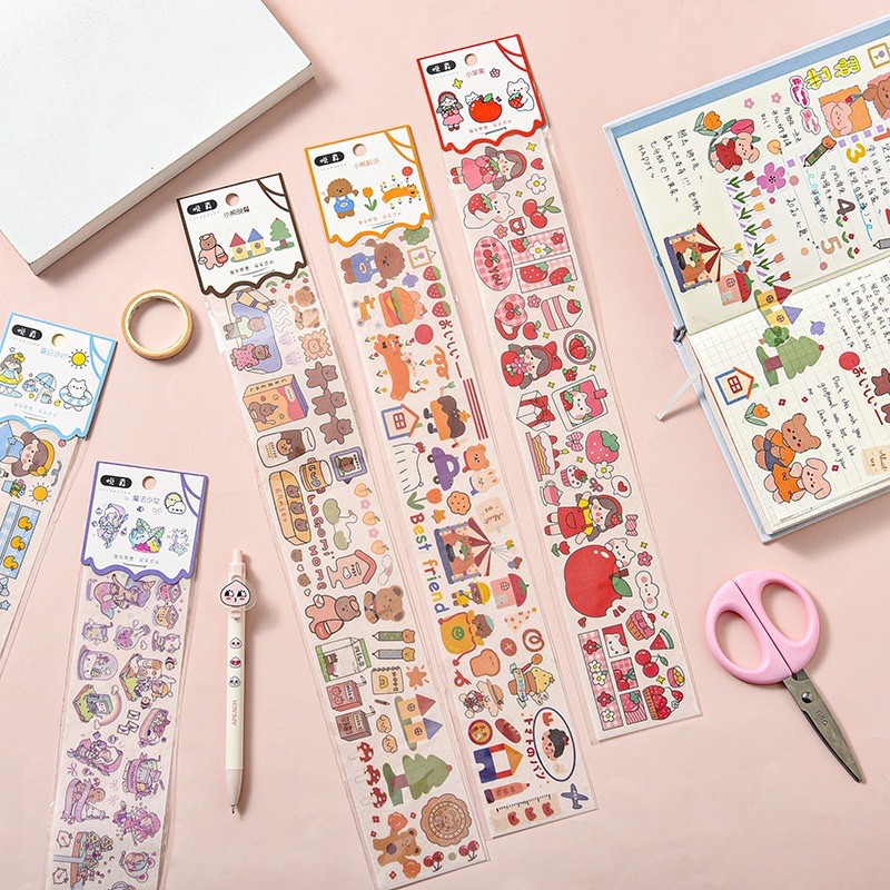 |9 mẫu| |có sỉ| stickers dải dài hình dán bé gái dễ thương hoạt hình gấu con cute trang trí sổ tay bullet journal