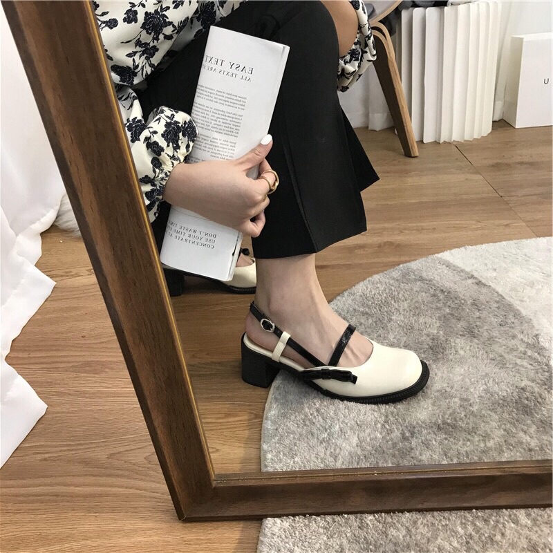 Giày gót cao quai mix màu buộc nơ cnk | Ảnh thật