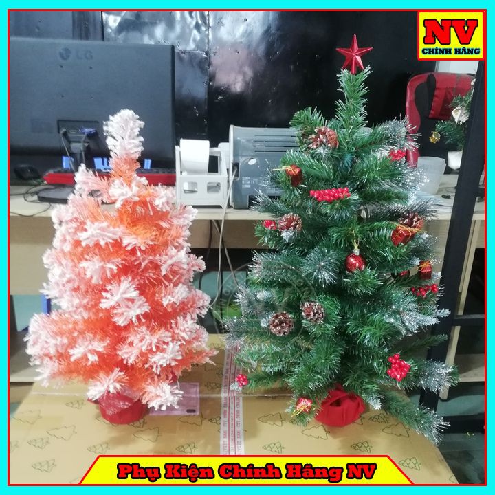 Cây Thông Noel 60Cm Phủ Tuyết Hồng Cam Đế Bọc Vải