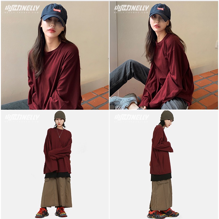 Áo phông Nelly Heybig dài tay trơn màu đỏ đô