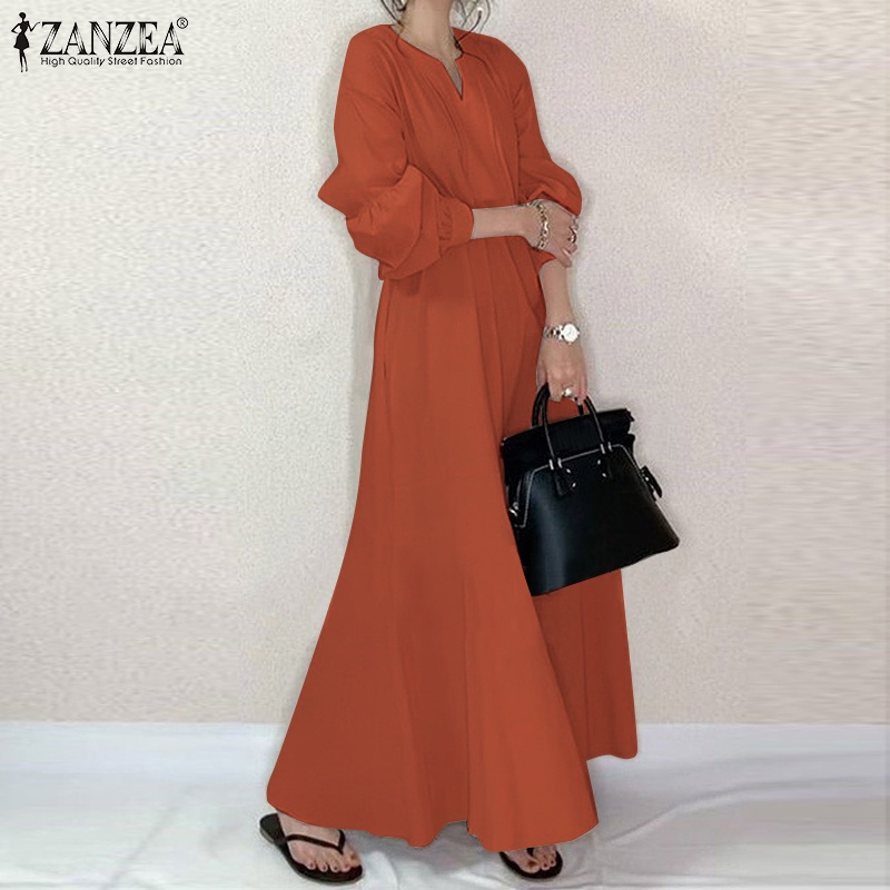 Đầm maxi ZANZEA tay dài cổ chữ V màu trơn phong cách đường phố giản đơn dễ phối đồ dành cho nữ