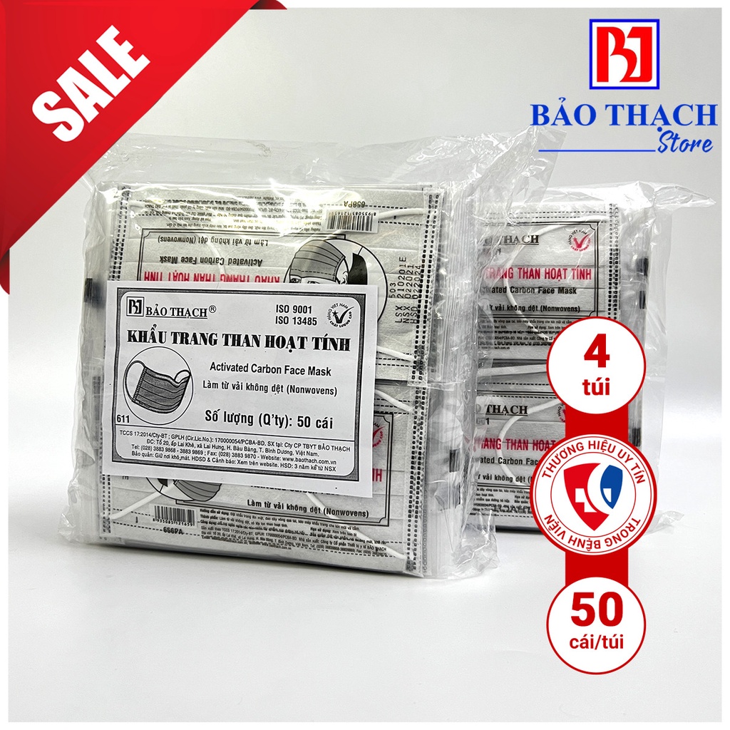 Combo 4 túi khẩu trang Bảo Thạch than hoạt tính (50 cái riêng lẻ/ túi)