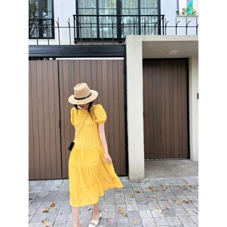Váy maxi dáng dài tay bồng dúm eo