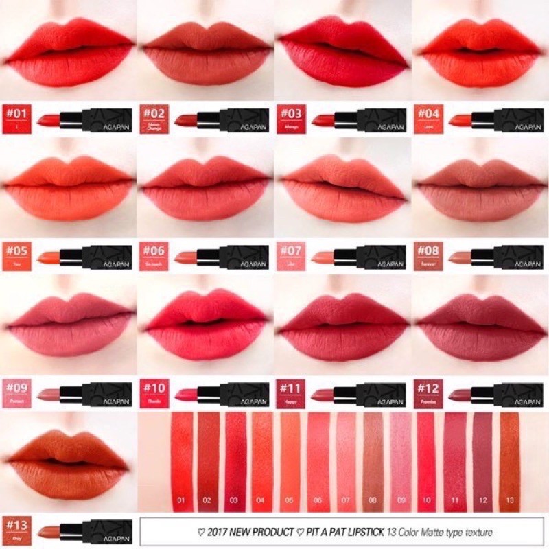 Son Thỏi Lì Agapan Pit A Pat Matte Líptick💋CHUẨN AUTH 100%💋lì-mịn môi-màu sắc thời trang cá tính thỏi 4g