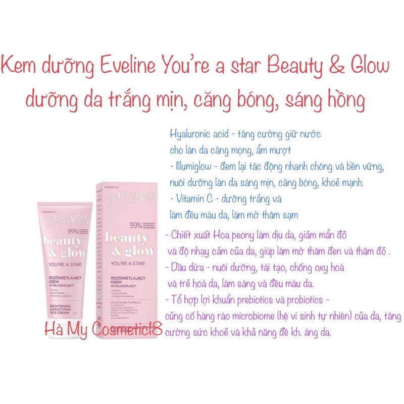 Kem dưỡng Eveline You’re a star Beauty & Glow dưỡng da trắng mịn, căng bóng, sáng hồng