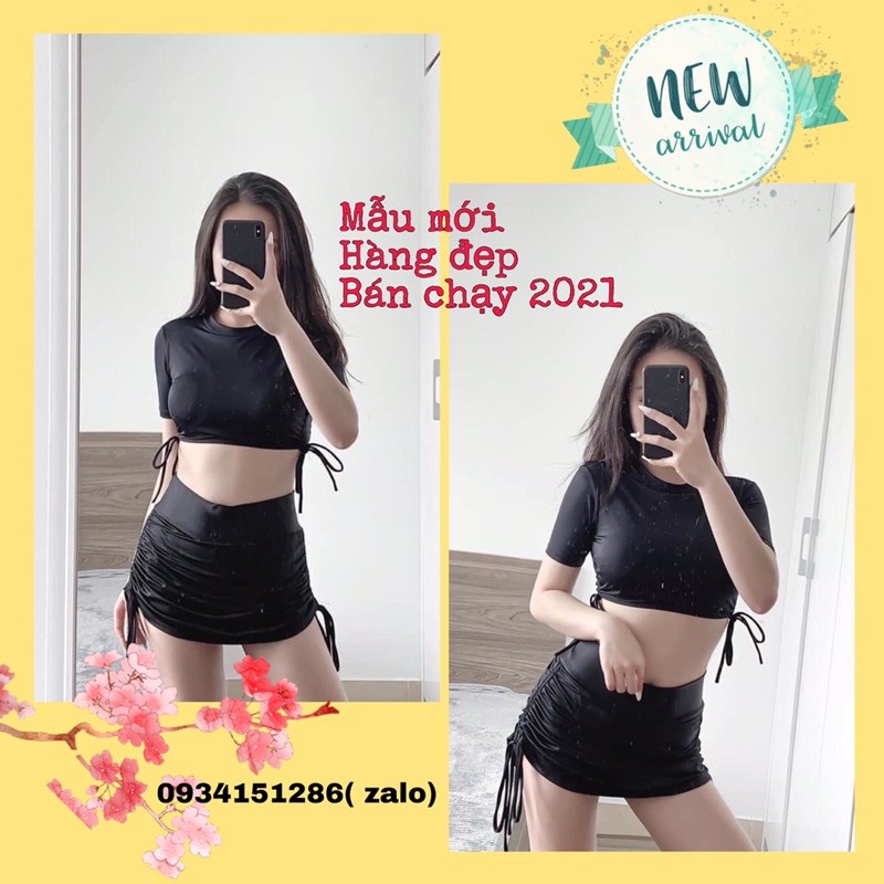 [ ẢNH THẬT]  Bikini, đồ bơi 2 mảnh áo tay ngắn phối váy rút dây màu đen kín đáo