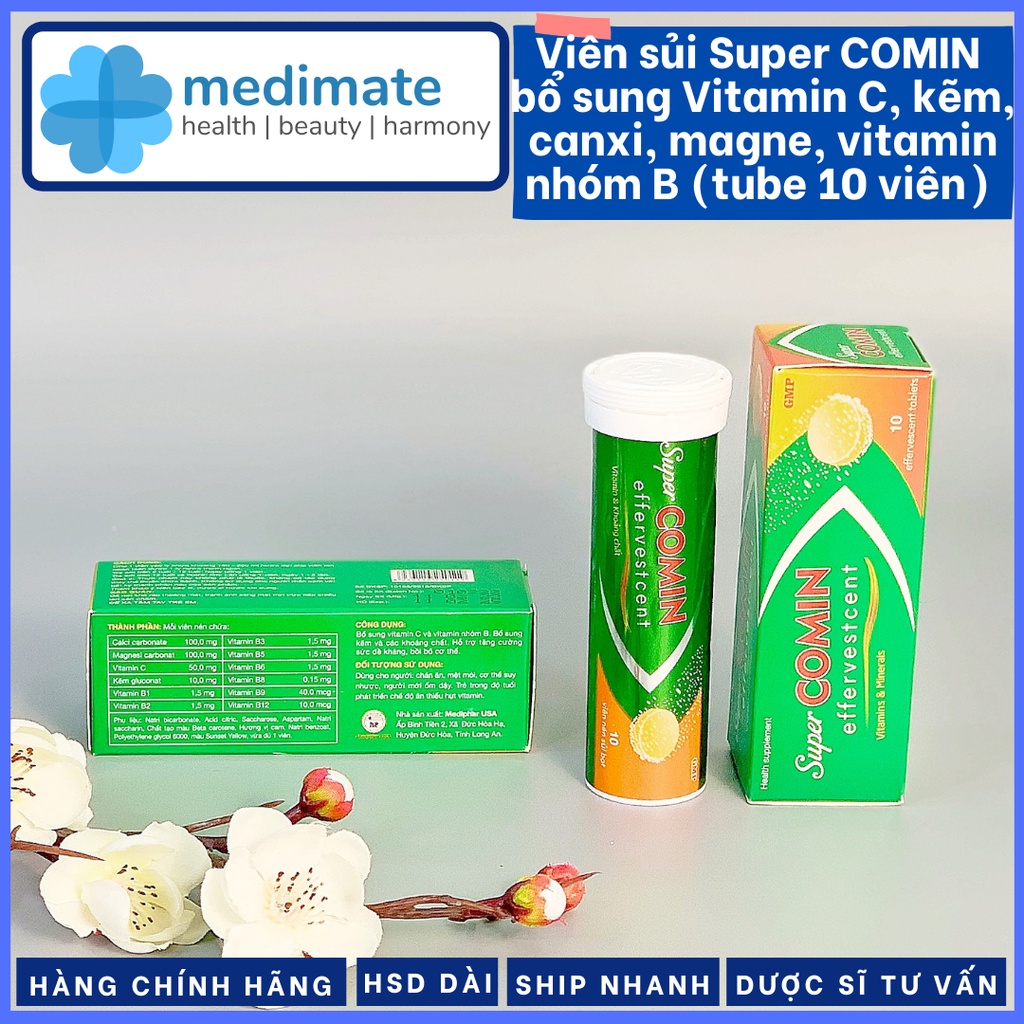 Viên sủi Super COMIN bổ sung Vitamin C, Vitamin nhóm B và Khoáng chất giúp tăng đề kháng, bồi bổ cơ thể (Tuýp 10 viên)
