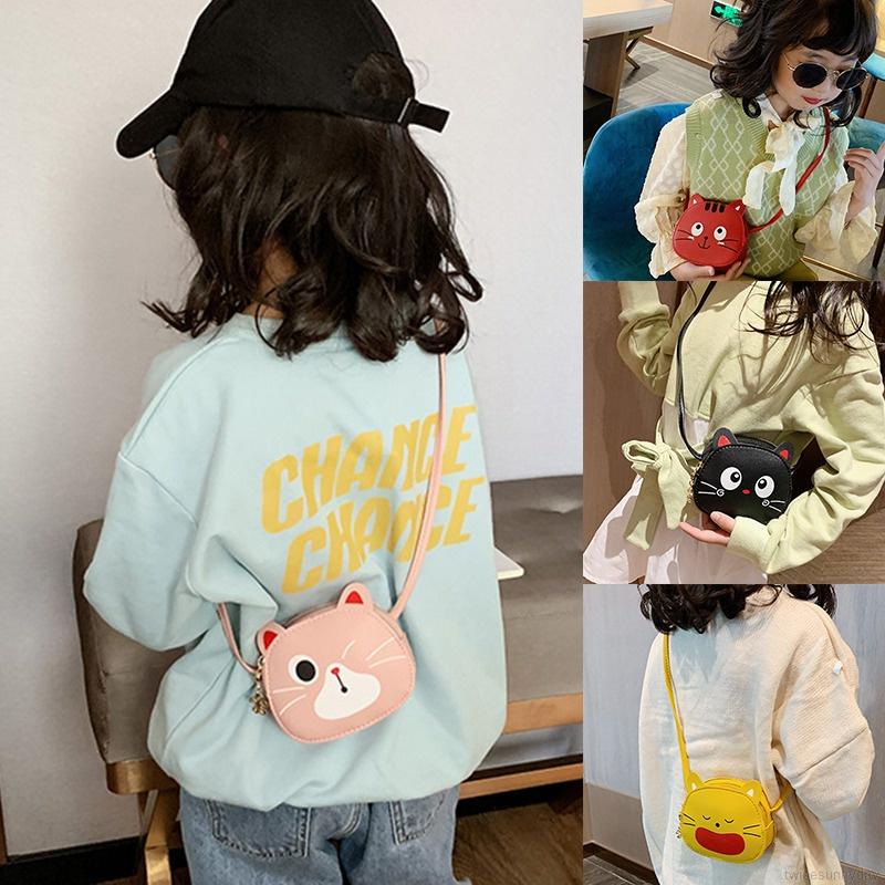 Túi đeo chéo da PU in họa tiết mèo hoạt hình dễ thương thời trang cho bé