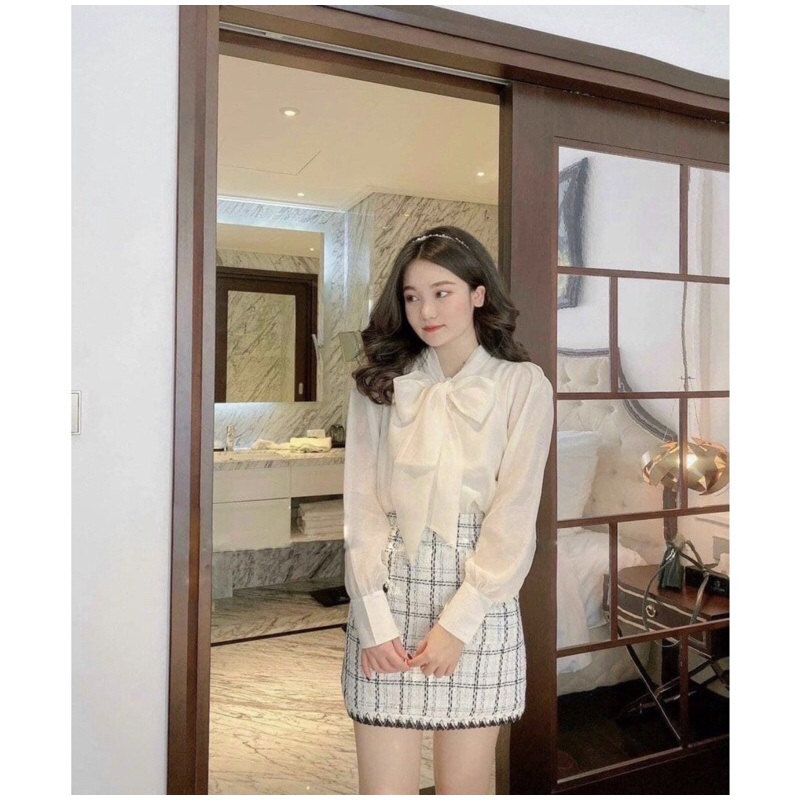 Áo sơ mi voan tơ cổ nơ tay bồng, Áo sơ mi cổ nơ tay bồng đính cúc siêu xin