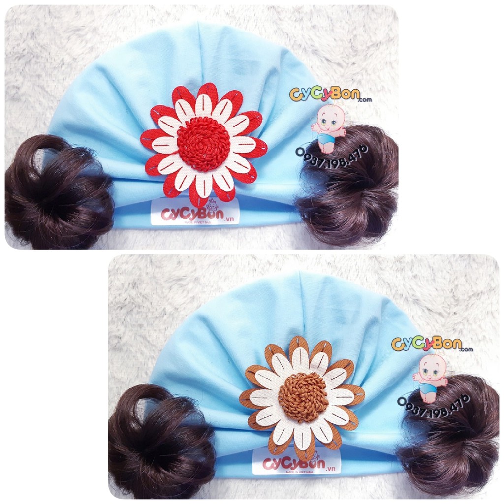 Nón Mũ Turban Tóc Giả Cho Bé Gái Màu Xanh Đính Bông Cúc Chất Vải Cotton - Có Size Từ Sơ Sinh !