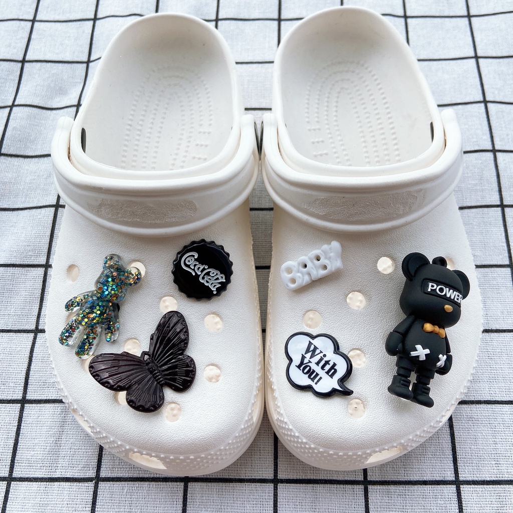 crocs Sticker shoes sticker for cross sandalsSet 6 Phụ Kiện Nút Trang Trí Giày Hình KAWS/Gấu/Bướm croc jibz DIY#Loạt Đen Trắng