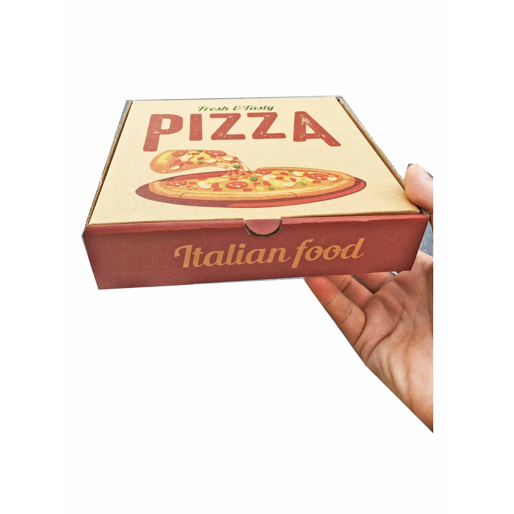 Bó 100 hộp Pizza in 4 màu size 20 kích thước 20x20x4cm, Hộp 3 lớp sóng E bồi Kraf nâu.