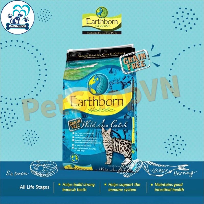 Thức Ăn Cho Mèo Hạt EARTHBORN HOLISTIC WILD SEA CATCH Túi 500G Vị Cá Hồi & Cá Trích