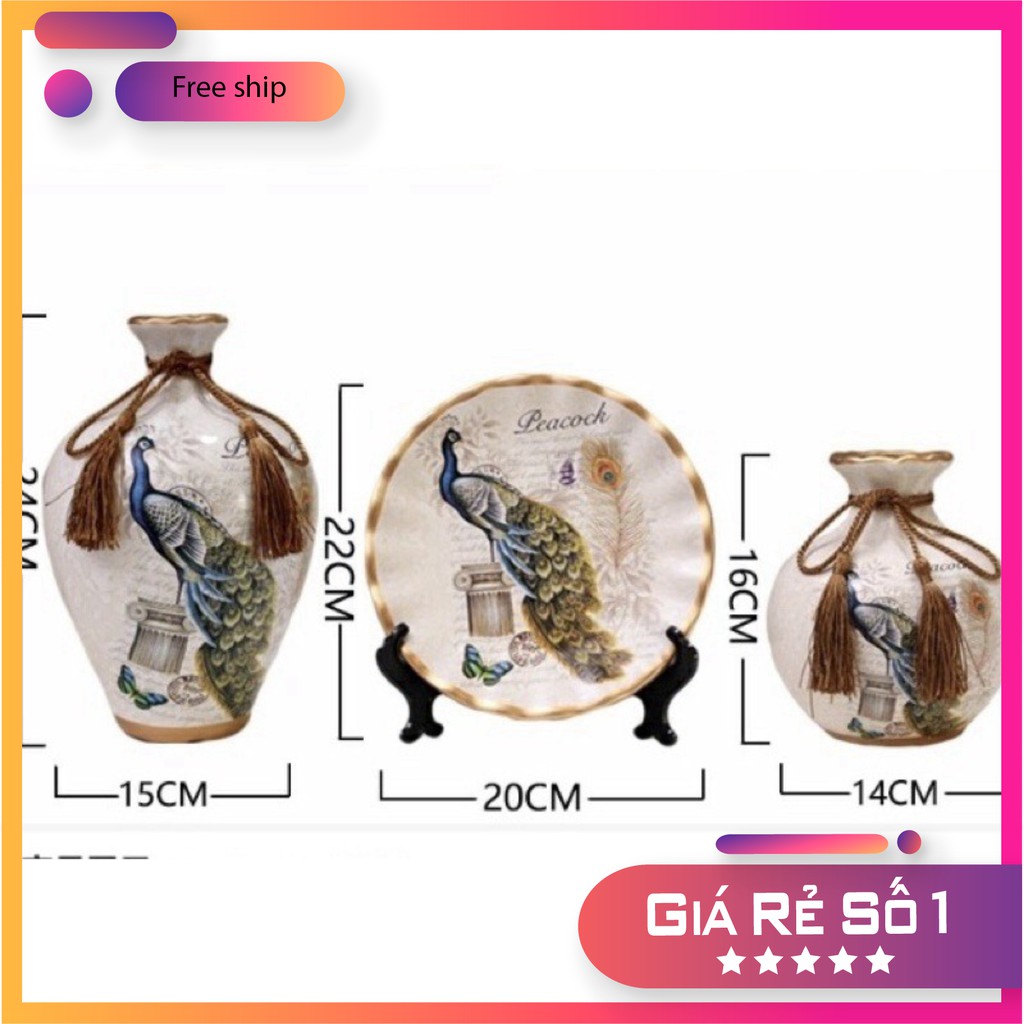 Bộ 3 bình gốm chim công trang trí phòng khách