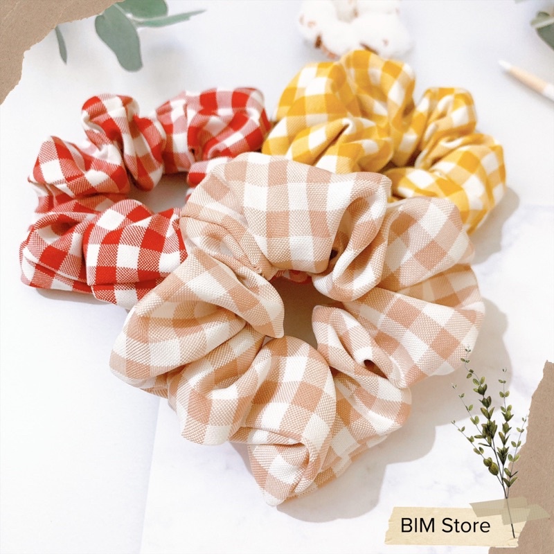Dây buộc tóc scrunchies sọc caro dễ thương phong cách vintage phom to phồng đẹp vải dày dặn
