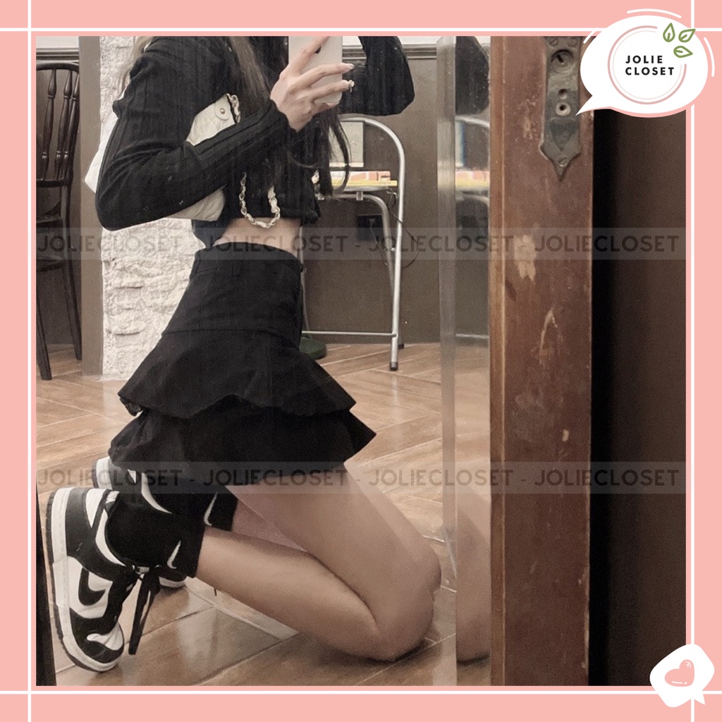 Chân váy ngắn hai tầng dáng xoè, mini skirt có quần trong dày dặn, chất bò denim, màu nâu, đen, trắng