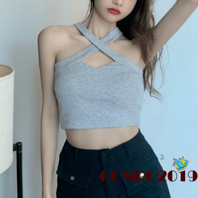 HGM-Women Casual Close-fitting Crop Tops, Solid Color Off-the-shoulder Sleeveless Tank Tops