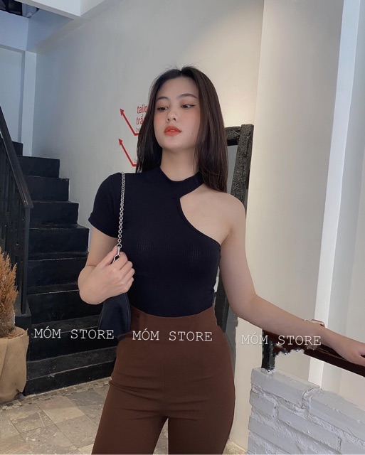 Áo Thun Gân Croptop Vintage Lệch Vai Xịn Xò [ ẢNH THẬT ] MÓM STORE