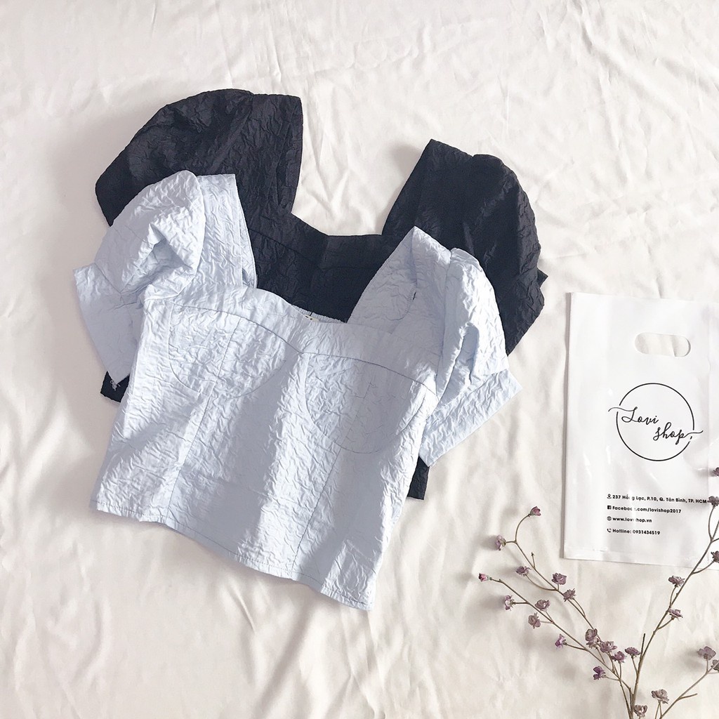 ❧♣♨Áo xốp chun croptop cổ vuông tay phồng Lovi | BigBuy360 - bigbuy360.vn