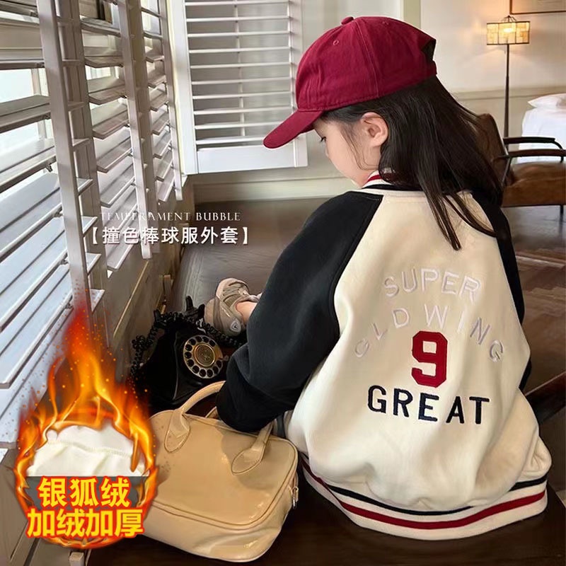 Áo Khoác Bóng Chày Lót Nhung Dày Dặn Màu Sắc Tương Phản Thời Trang Thu Đông 2022 Cho Bé Gái 3-14 Tuổi