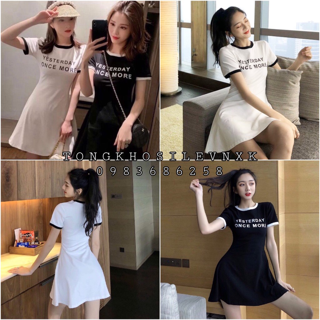 Váy Body Viền Yesterday  Đầm sporty cộc tay dáng ôm thể thao màu TRẮNG | ĐEN Ulzzang Nữ Cổ Tròn