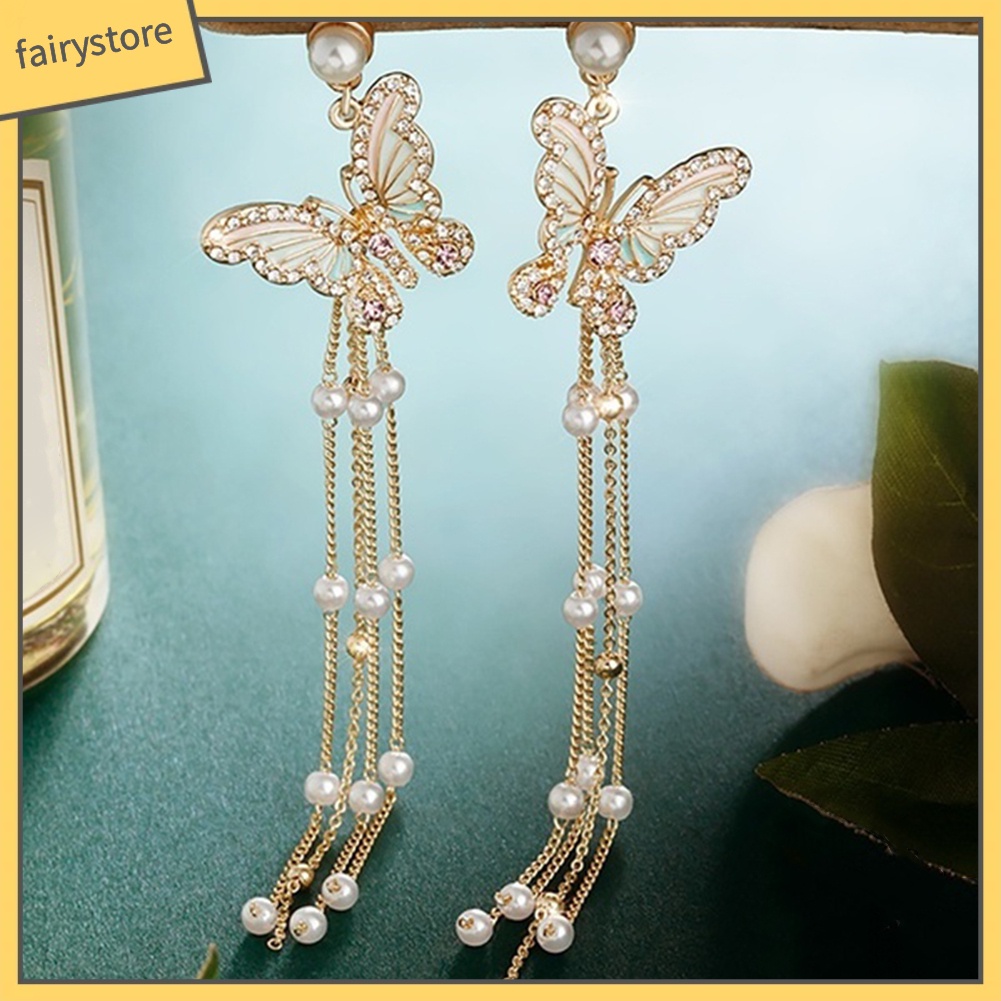 Bông Tai Dáng Dài Hình Bướm Đính Đá Lấp Lánh