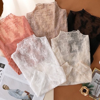 [Hàng Có Sẵn] Áo Sơ Mi Dài Tay Phối Ren Lưới Xuyên Thấu Cổ Cao Phong Cách Phương Tây Cho Nữ