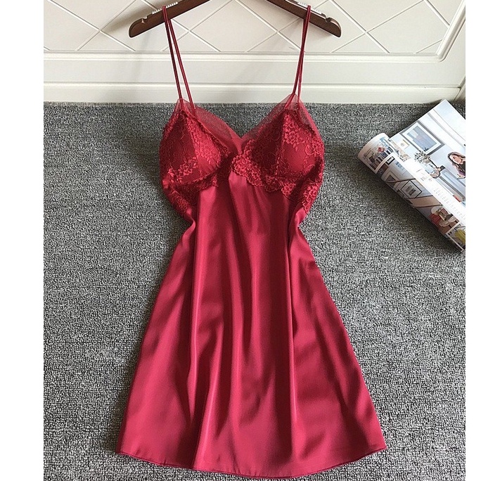 Váy Ngủ Hai Dây Lụa Satin Phối Ren Hisexy Md95